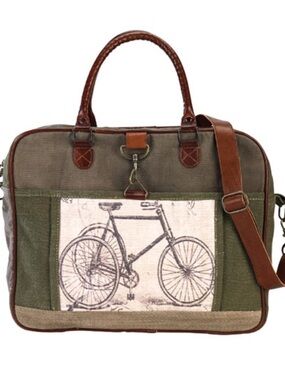 Clea Ray Repurposed Canvas Bicycle Print Messenger Bag - Olive Green